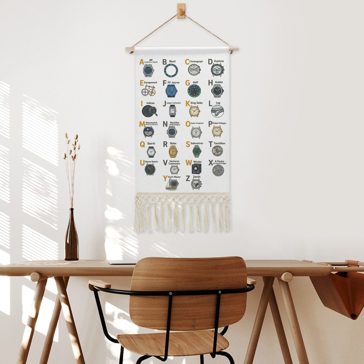 Watch Lover's Alphabet Hanging Linen Banner