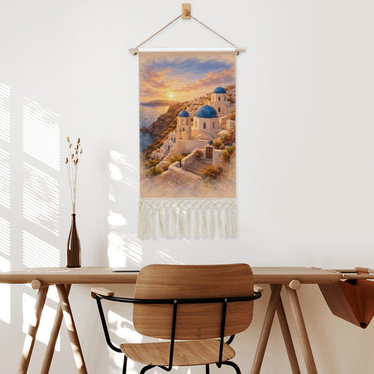 Santorini Cliffs Hanging Linen Banner