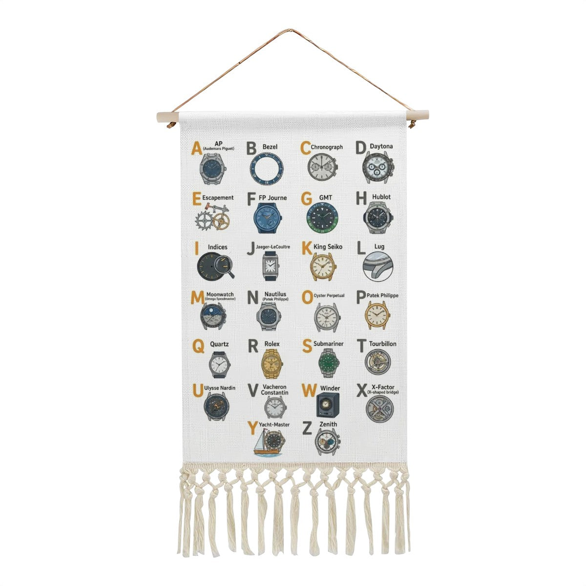 Watch Lover's Alphabet Hanging Linen Banner
