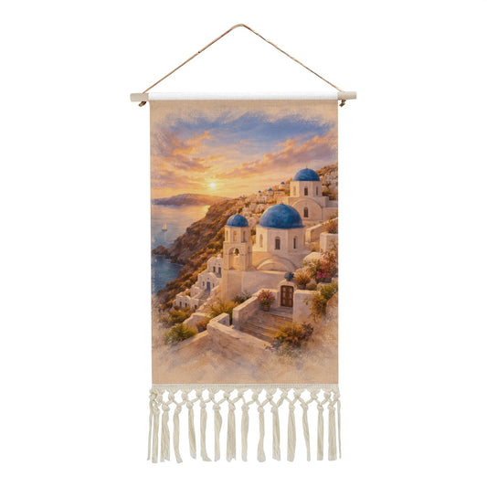 Santorini Cliffs Hanging Linen Banner